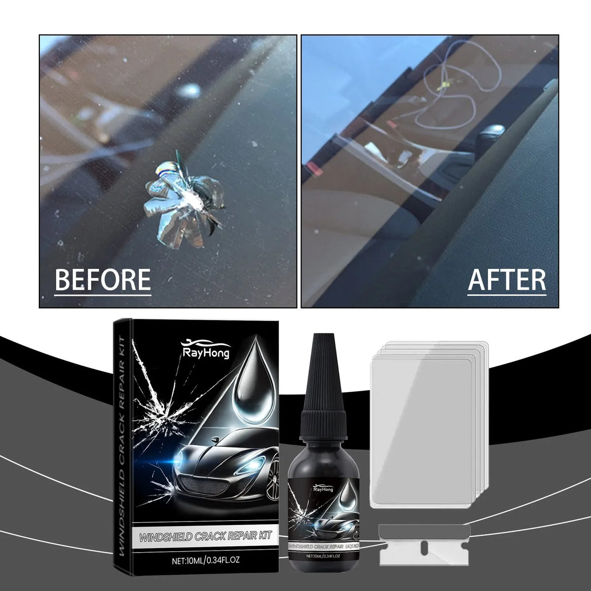 Car windshield repair suit kit with 10ml essence bottle blade and curing films on blue background