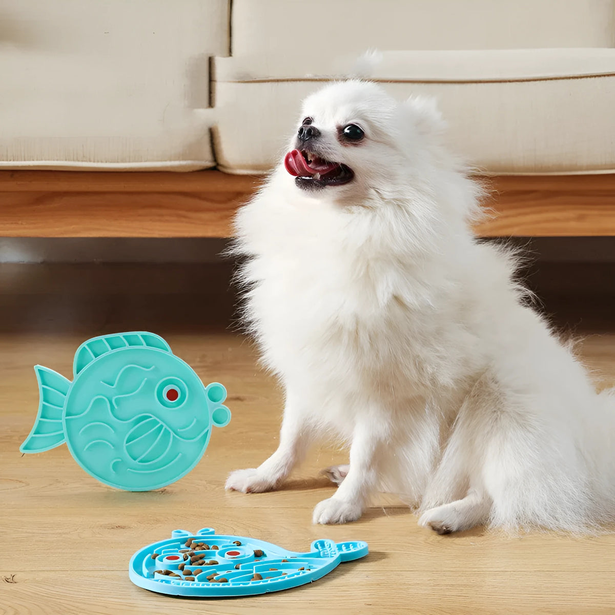 Pet minimalist slow food bowl in TPR, blue colour with dolphin style, on floor