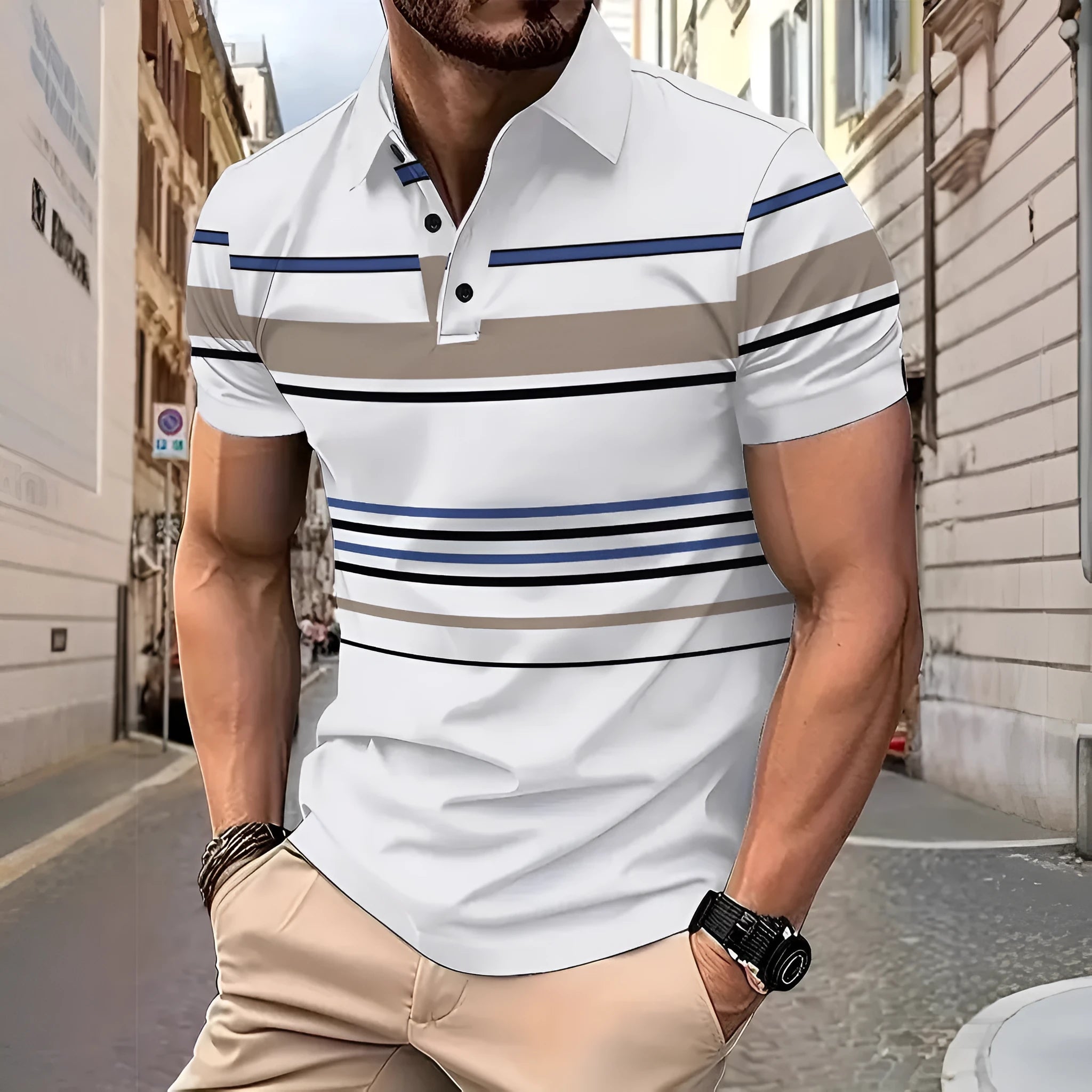 White men's striped short sleeve t-shirt with business casual slim fit design