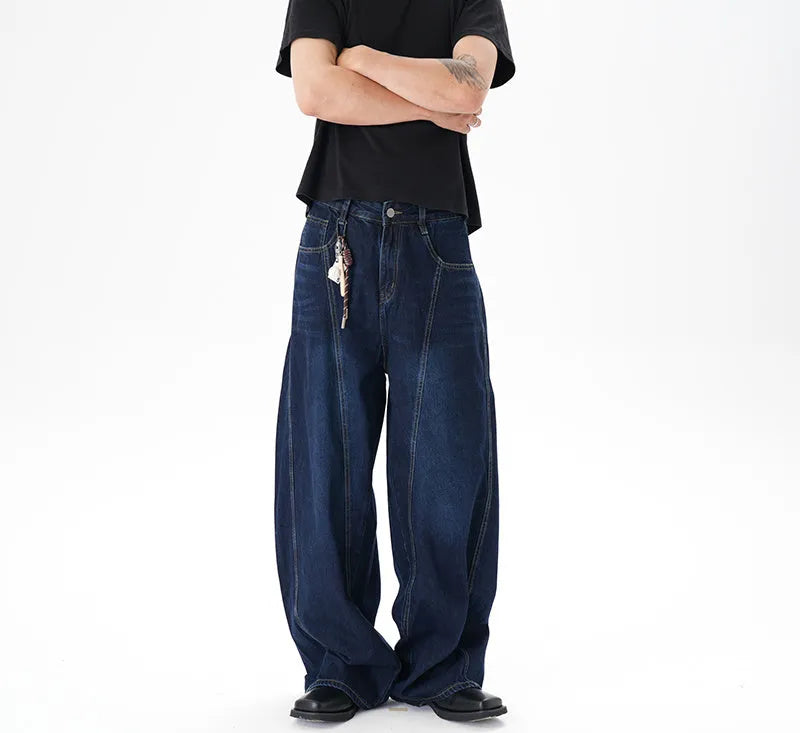 Washed distressed dark blue wide leg women's jeans with loose fit and denim fabric