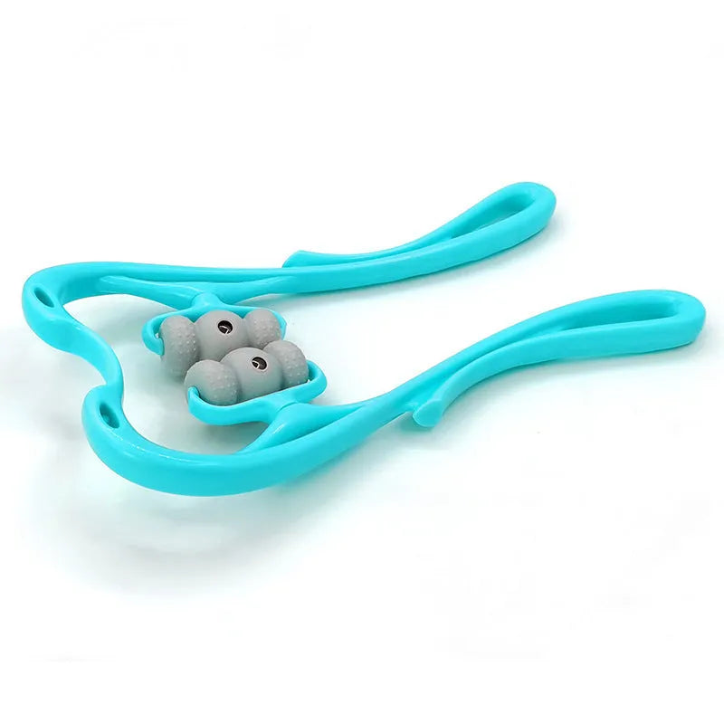 Blue handheld neck and shoulder massager with pressure nodes showing 360-degree rotation.