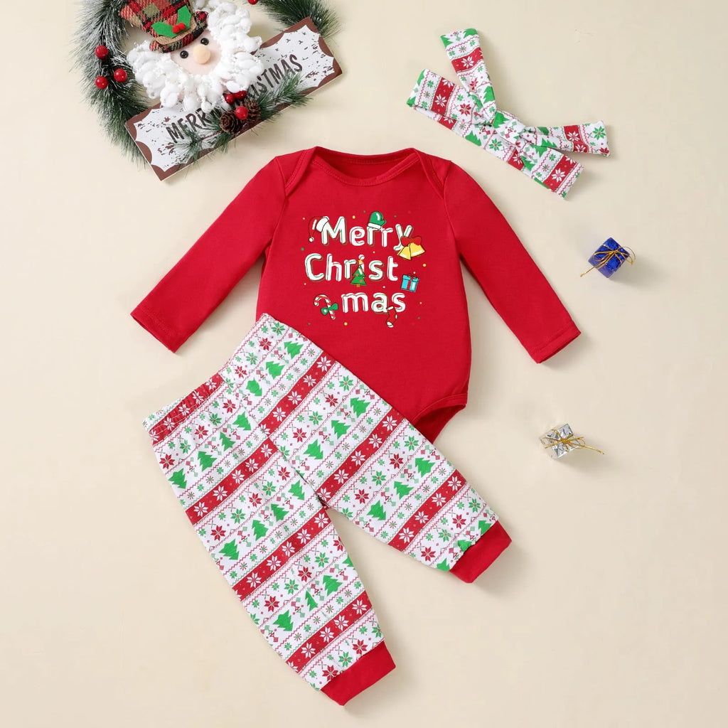 Three-piece Christmas tree print baby outfit with long-sleeve bodysuit, pants, and hat in cotton blend