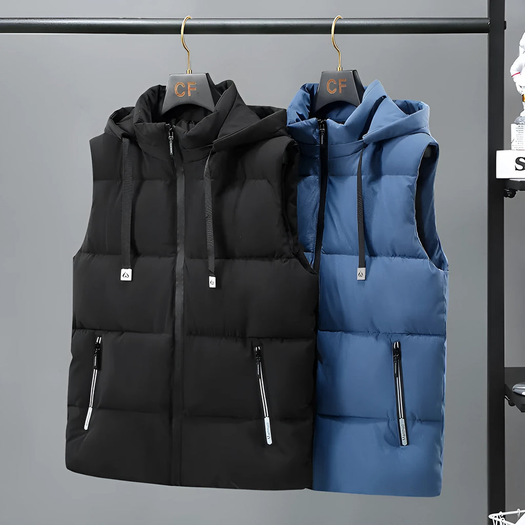 Men's black thickened polyester vest with a removable hood and zipper pockets.