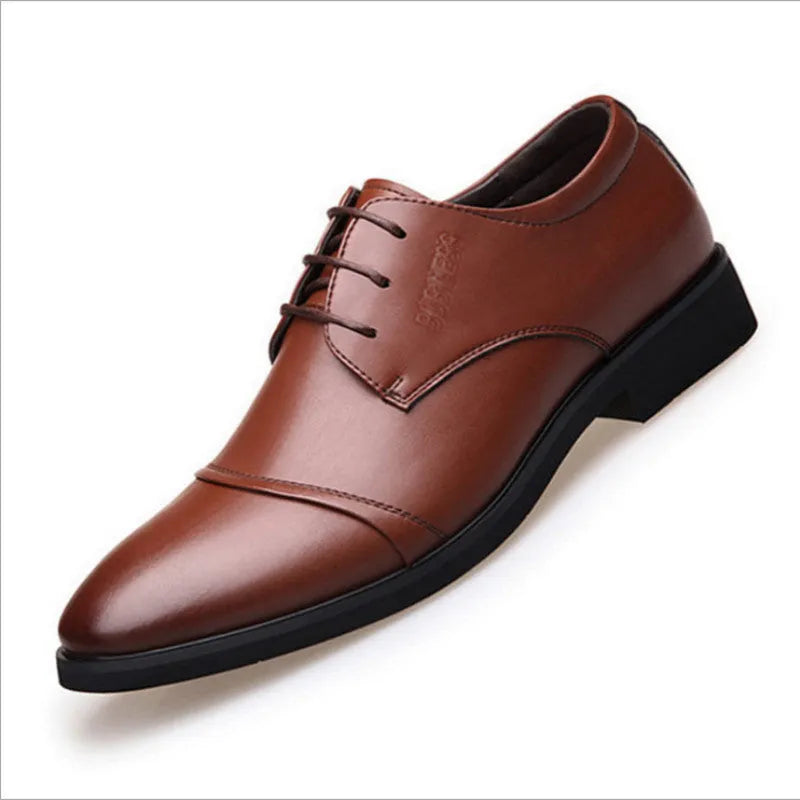Men's black formal lace-up shoes with stitching details on PU leather upper