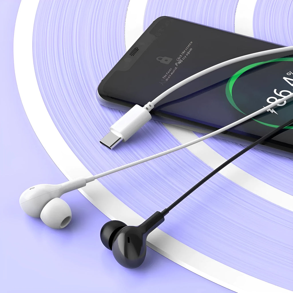 Black in-ear Type-C headphones with 1.2 metre cable on white background