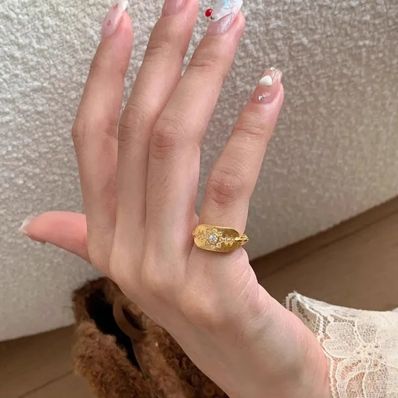 Ancient Faralis Hexagram Point Diamond Ring open mouth adjustable copper ring in gold geometric Korean style
