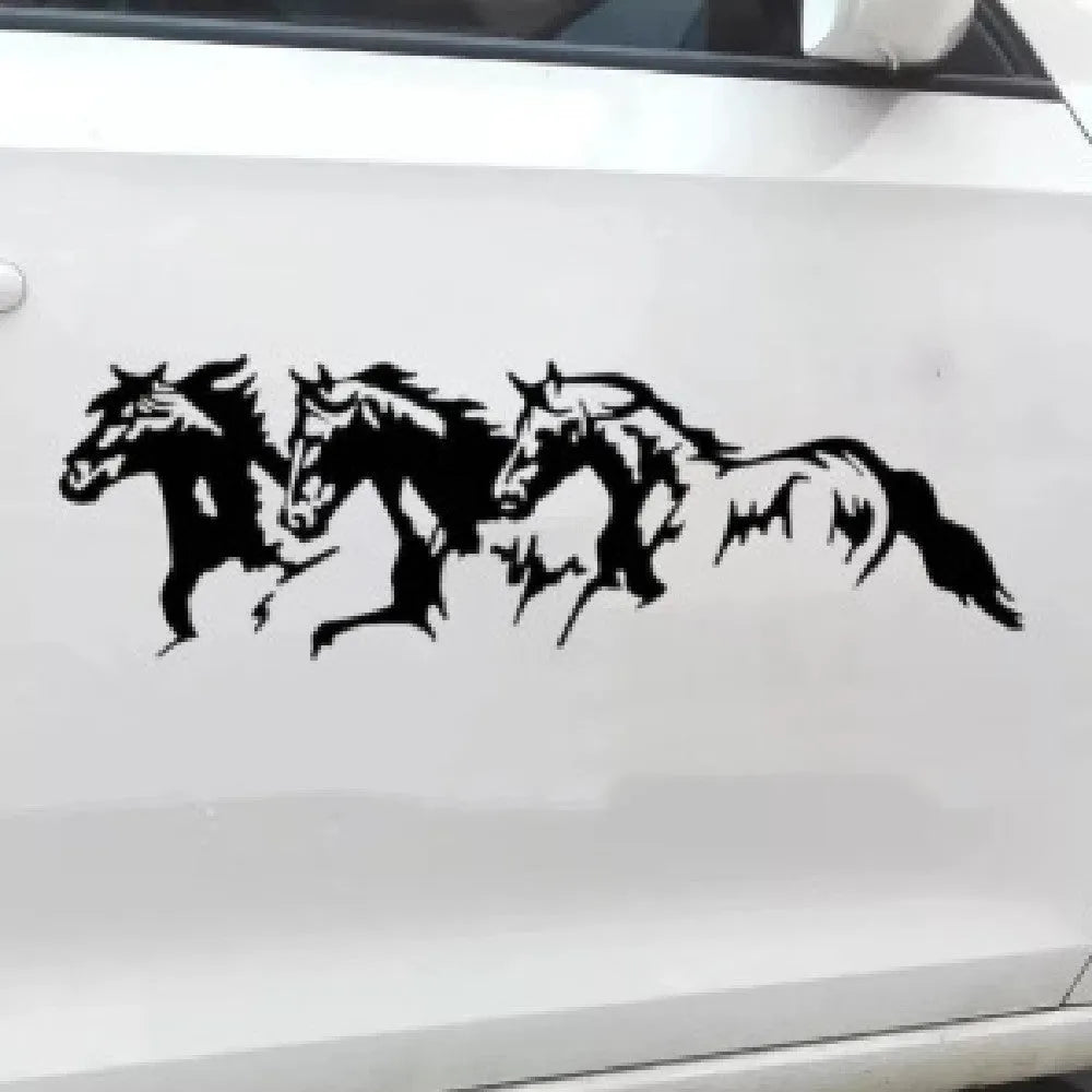 Black, white, red, and blue three horses design car body sticker decal measuring 25 by 8 centimetres