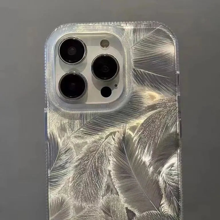 Feather pattern gradient TPU phone case in silver grey with three-dimensional relief design for iPhone