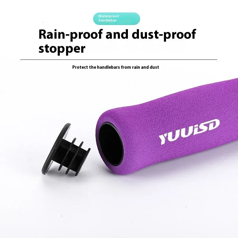Mountain bike soft sponge handle covers in black, purple and bicolour options showing lightweight shock-absorbing design