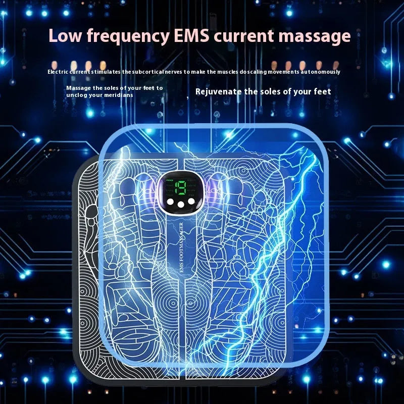 Blue rechargeable reflexology foot massager mat with remote control and USB charging cable