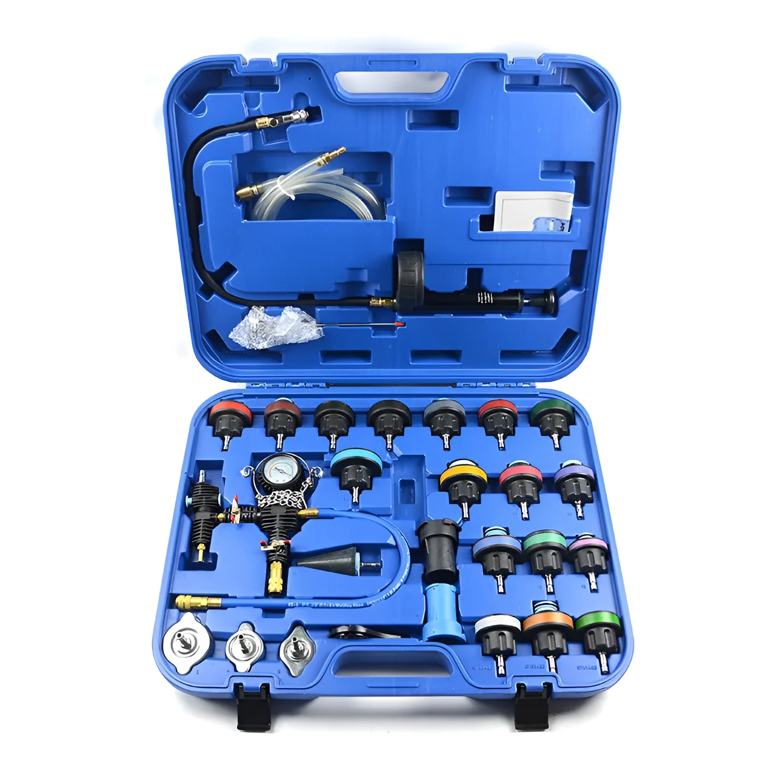 28-piece blue automotive cooling system pressure tester kit with vacuum purge and refill tools