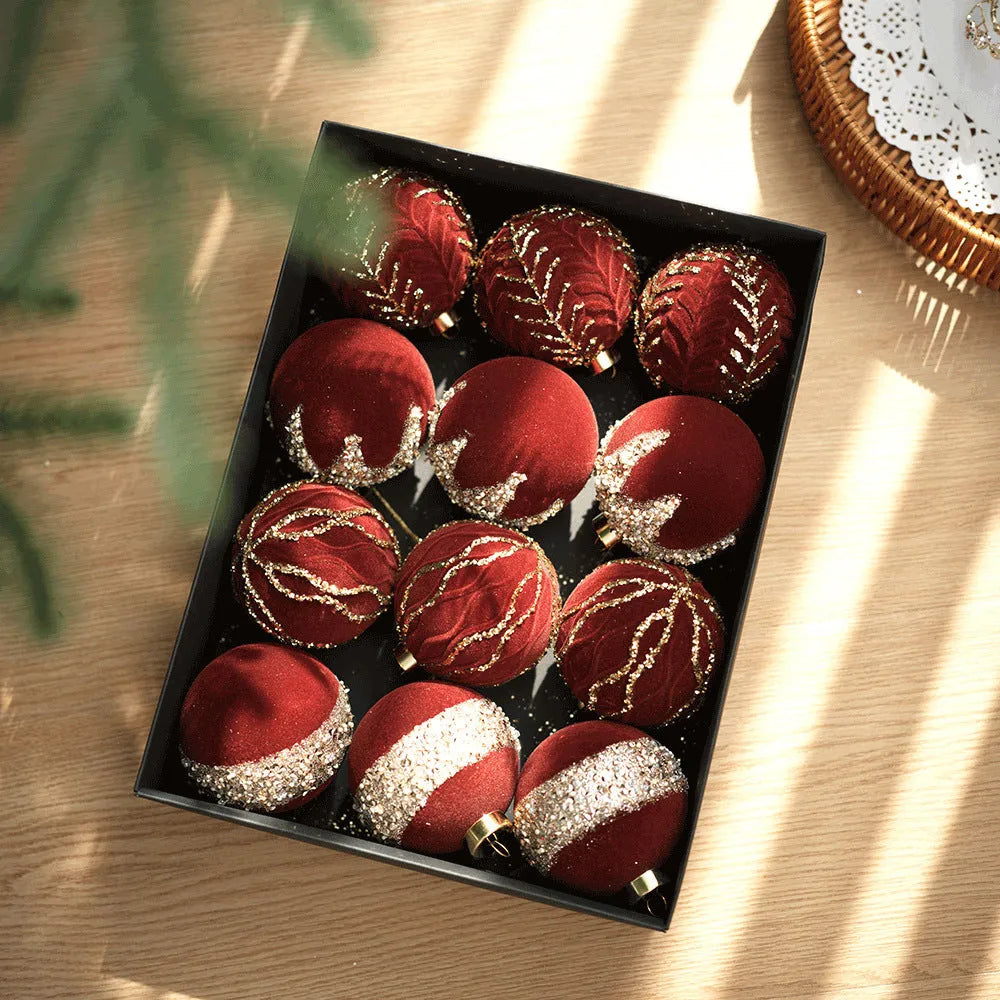 Flocked Christmas ball pendants in wine red, milky white, and Maillard, supplied in a 12-piece paper box