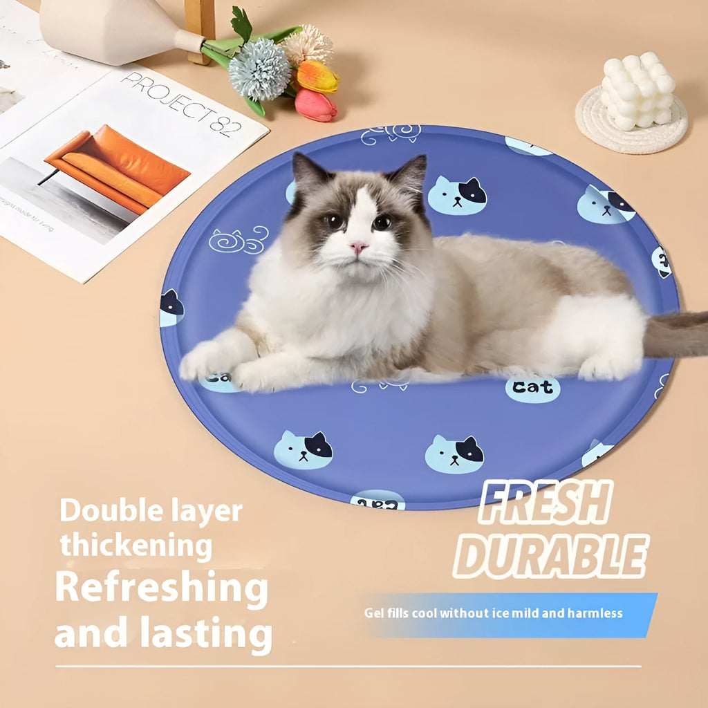 Round cloth cooling mat for dogs with cartoon design options including beige bunny and blue paw print patterns