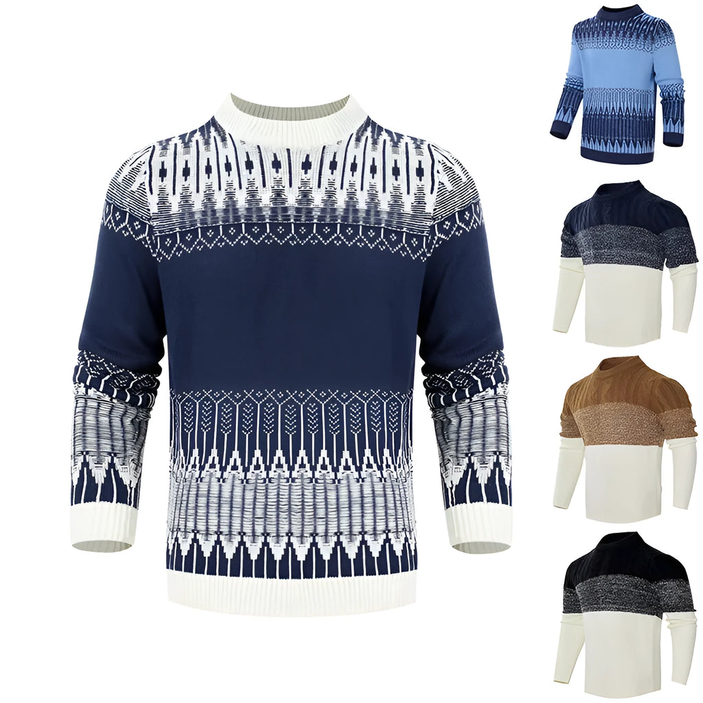 A man's knitted long-sleeved pullover sweater for fall and winter wear.