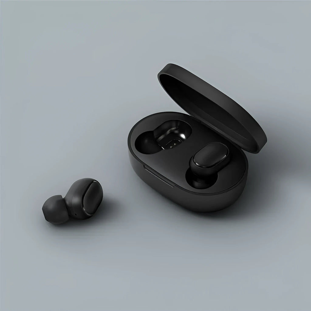 Redmi AirDots 2 black true wireless earbuds and charging case on a white background.