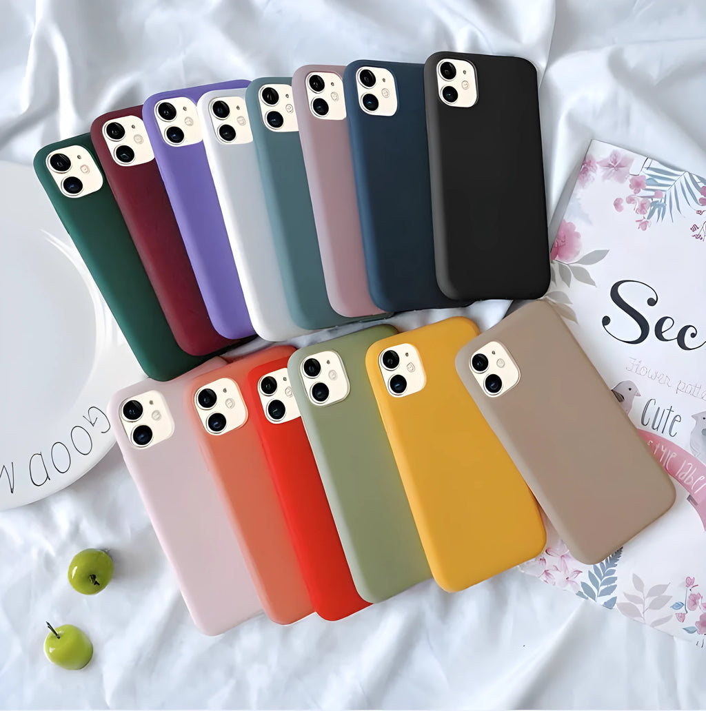Frosted matte soft shell iPhone case in multiple colours, shown on an iPhone.