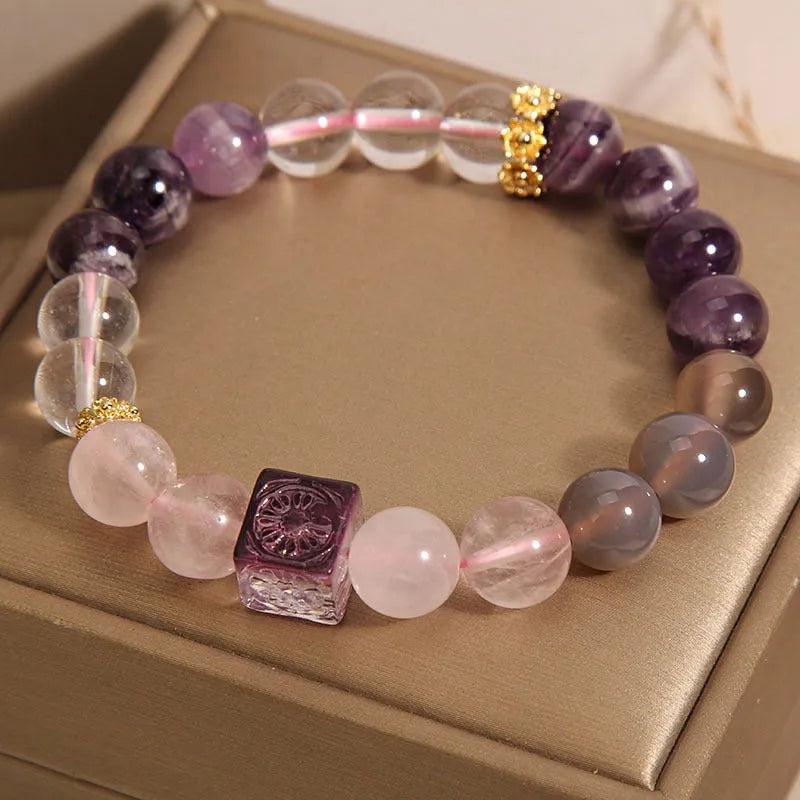 Purple women's bracelet with natural amethyst and crystal rhinestones, 10mm size