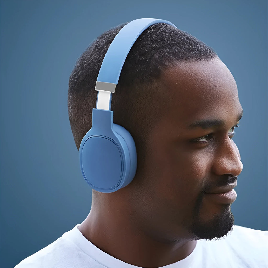 Wireless Bluetooth headset with headband and wired earpieces, shown in black, on a white background.