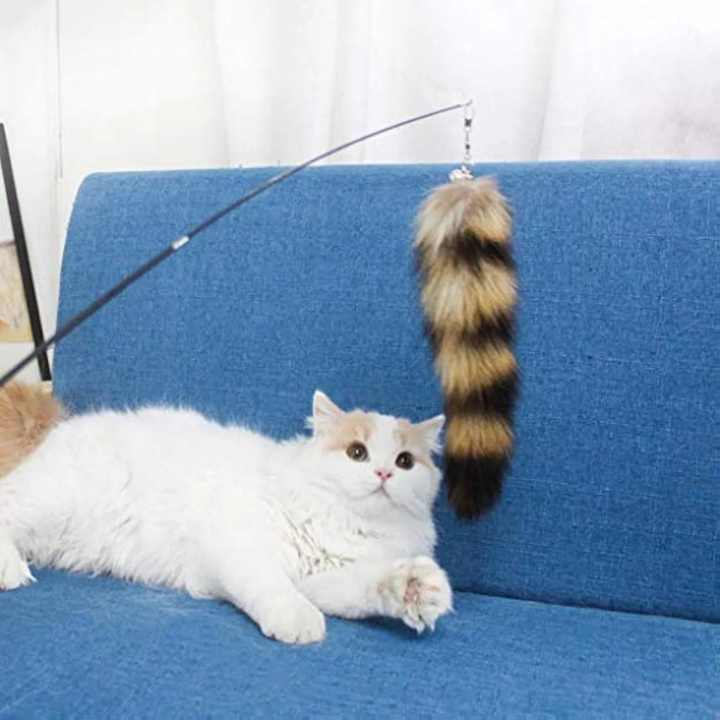 Black cat toy wand with long elastic string for interactive indoor play