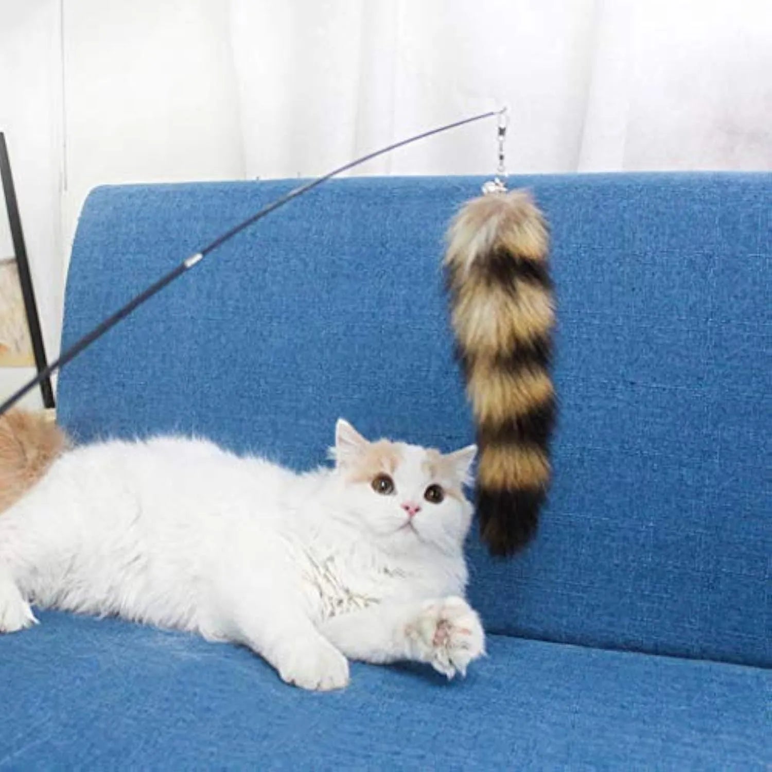 Black cat toy wand with long elastic string for interactive indoor play