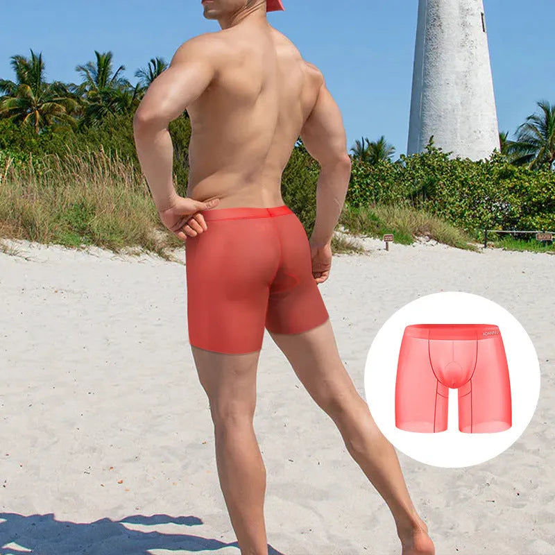 Men's boxers in solid colour ice silk nylon fabric with low-waist design