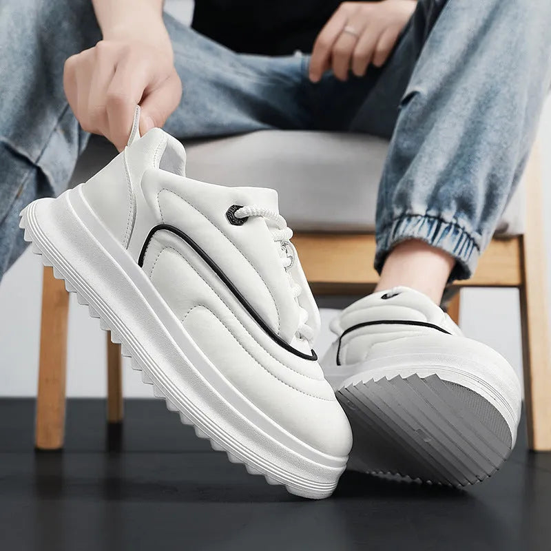 PU leather thick bottom bread shoes in matte cowhide, showing low heel design.