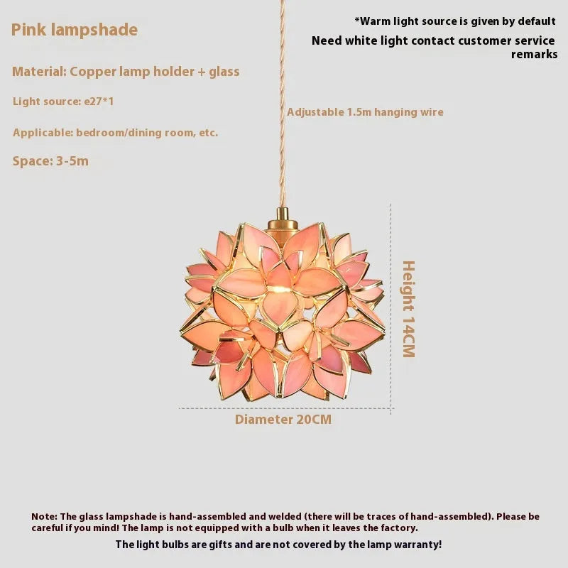 Stained glass hanging chandelier with copper fitting, shown in one of its blue, orange, pink, white or transparent colour options.