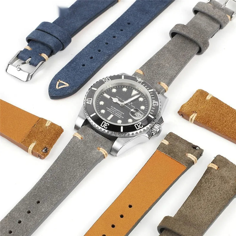 Genuine suede leather watch strap in small waist design showing colour options: brown, blue, grey, army green.