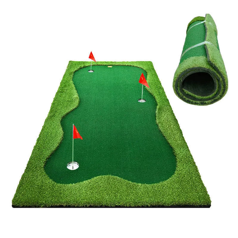 Large green artificial lawn putting mat 1.5x3m on indoor floor for golf practice