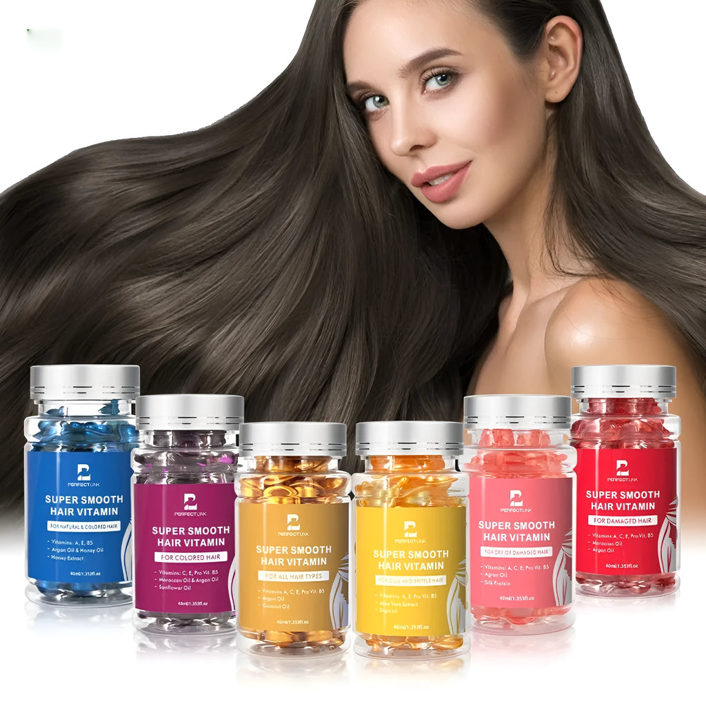 Hair care essential oil 40ml bottle in blue gold pink purple red yellow colours for frizzy hair treatment