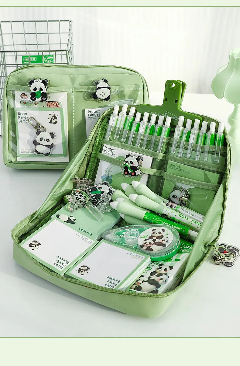 Green canvas 12 layer panda pencil case with Korean style design, open to show multiple compartments.