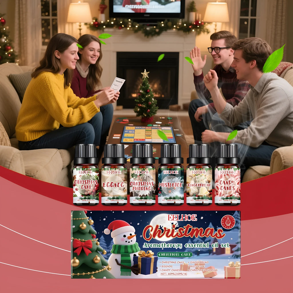 Christmas aromatherapy oil set showing six 10ml bottles with total 60ml volume for warm home fragrance