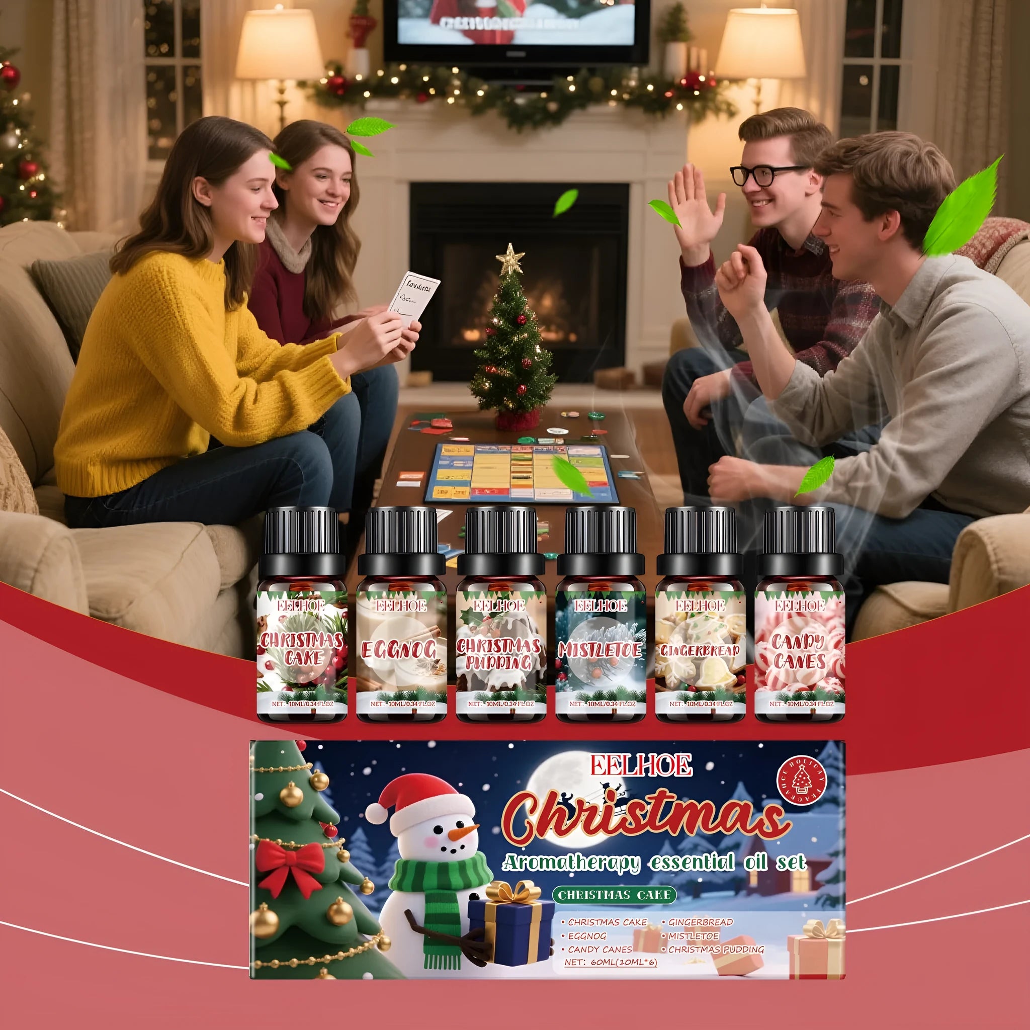 Christmas aromatherapy oil set showing six 10ml bottles with total 60ml volume for warm home fragrance
