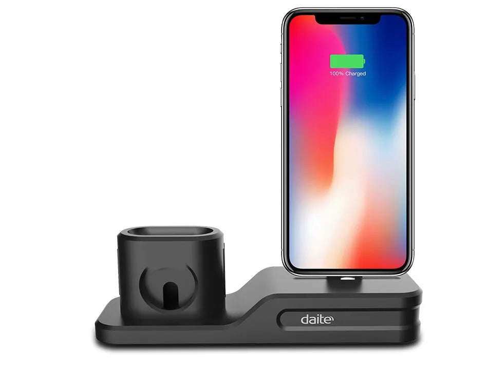 Black geometric 3-in-1 charging station for Apple devices showing iPhone, iwatch and AirPods charging slots