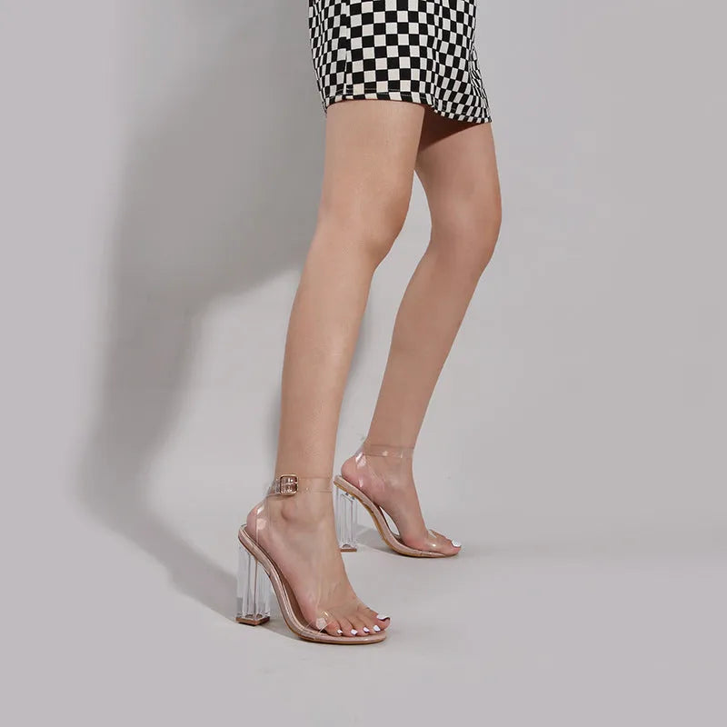 Apricot women's sandals with clear PVC heels and buckle fastening