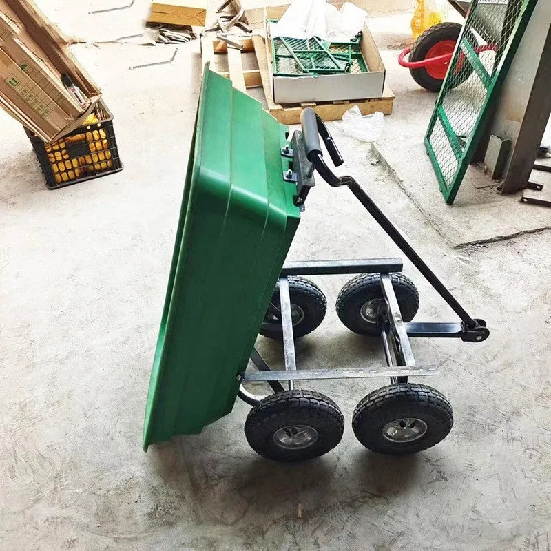 Green four-wheel plastic dumptruck with steel PP construction and 350kg load capacity