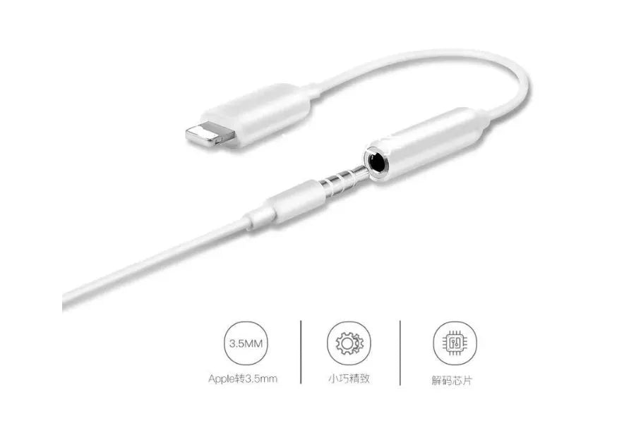 White Lightning to 3.5mm female headphone jack adapter for iPhone compatibility.