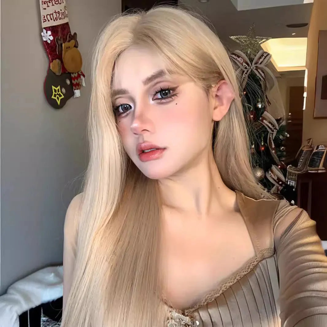 Long straight milk tea blonde women's wig made from high-temperature fibre with included hairnet