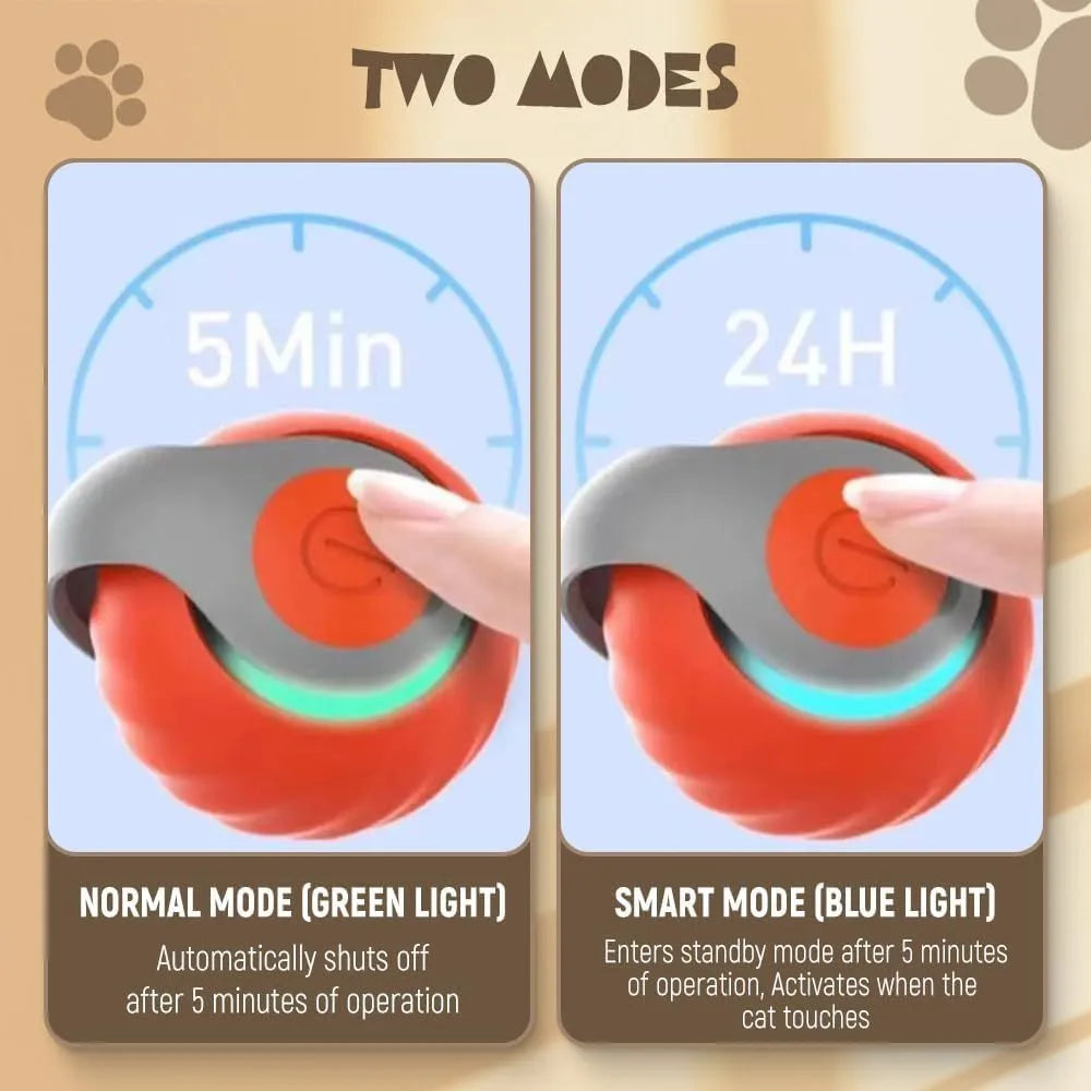 Blue and red rechargeable self-moving interactive ball toy for indoor cats and dogs on a plain background.