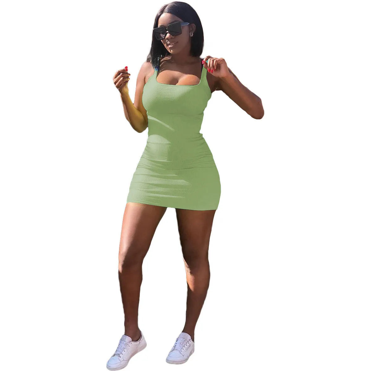 Casual big U-neck slim fit dress with princess sleeves and stripe straps in light green.