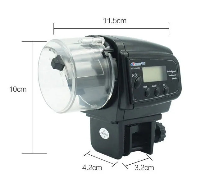Black plastic digital automatic aquarium fish feeder, 110 x 100 x 68mm, with timer and battery compartment