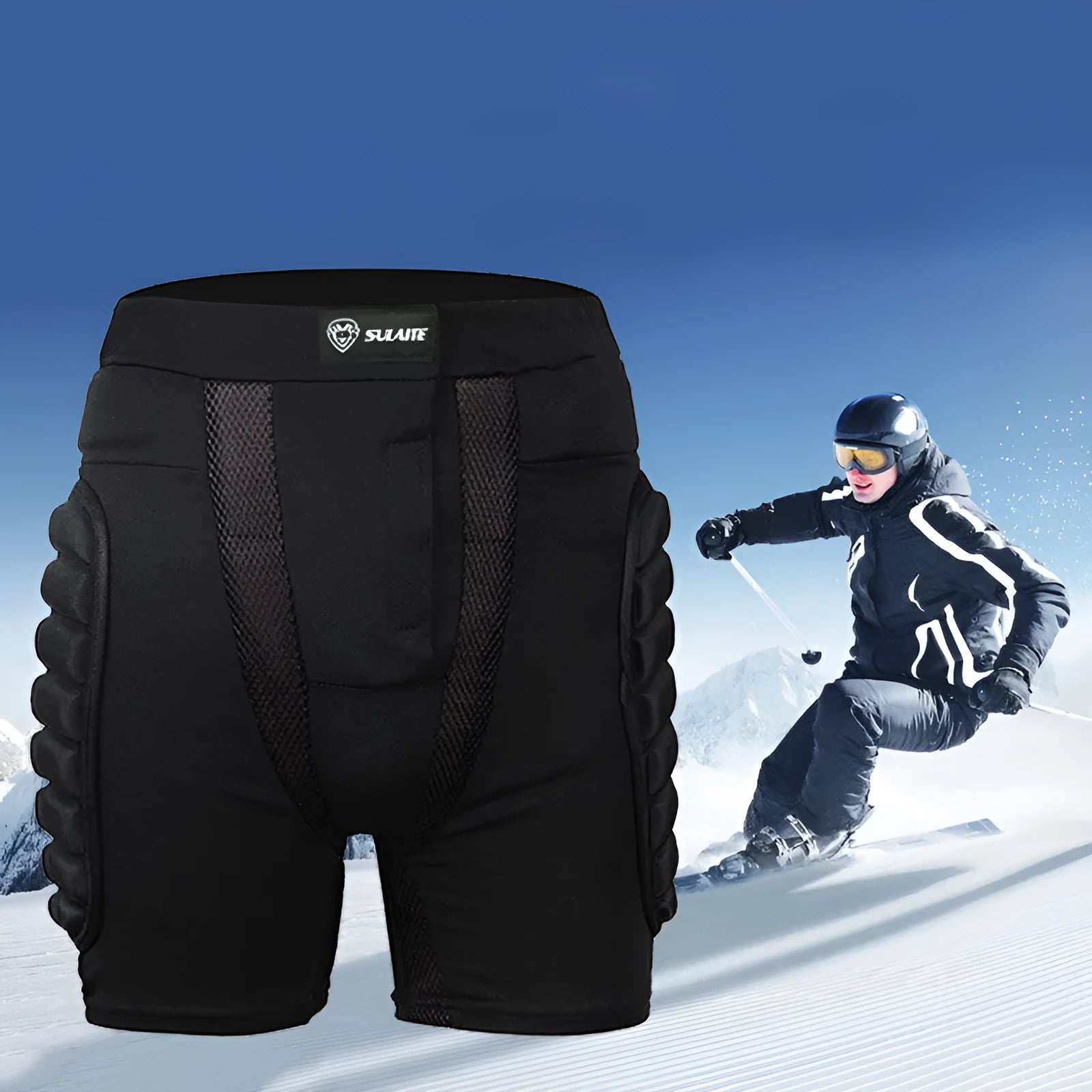 SULAITE black roller skating hip protection pants with sponge padding, front view