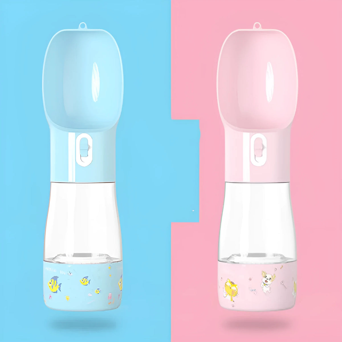 Portable dog travel cup with 258ML water and 200ML food sections, 255MM long, 70MM base, PC and ABS, printed style