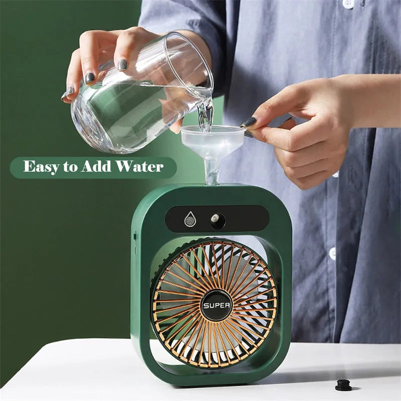 Green and white portable USB misting fan with water tank and adjustable vents