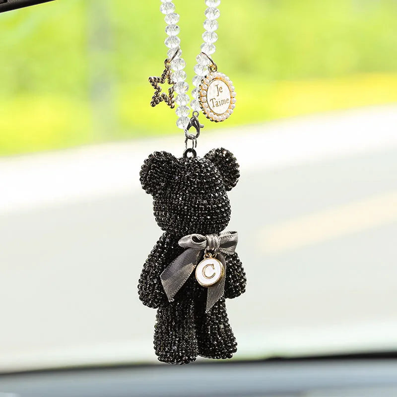 Black Violent Bear car rearview mirror pendant with diamond-embedded crystal rhinestones.