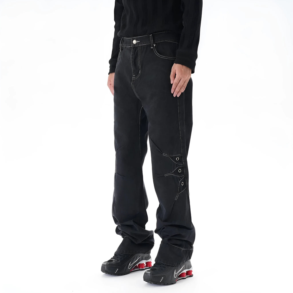 Men's black contrast colour wide leg machete jeans with mid waist and zipper fly, sizes M to 2XL