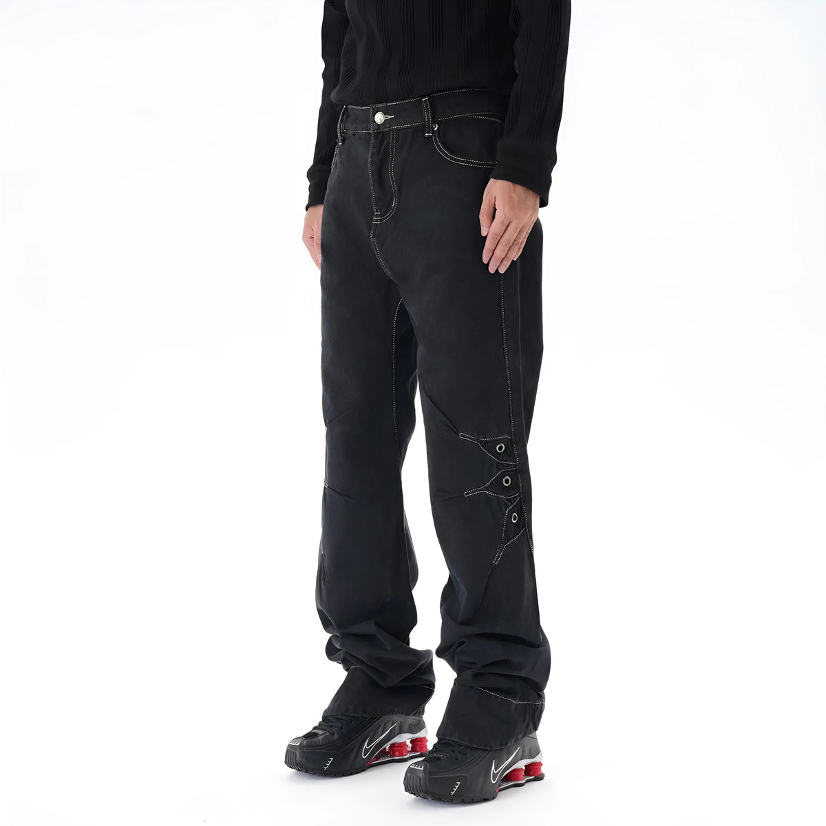 Men's black contrast colour wide leg machete jeans with mid waist and zipper fly, sizes M to 2XL