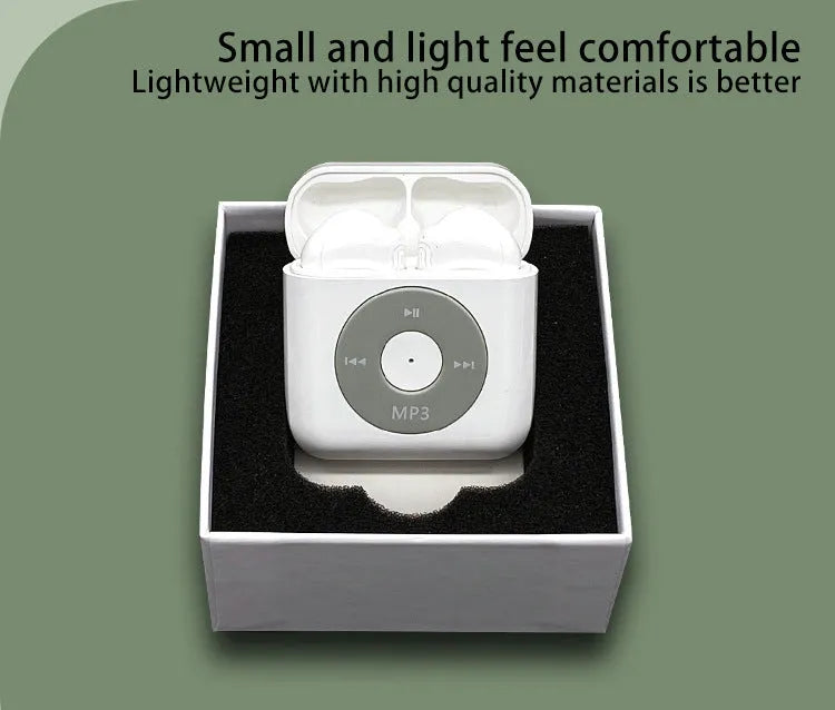 White wireless Bluetooth semi-in-ear earphones and charging case on a table.