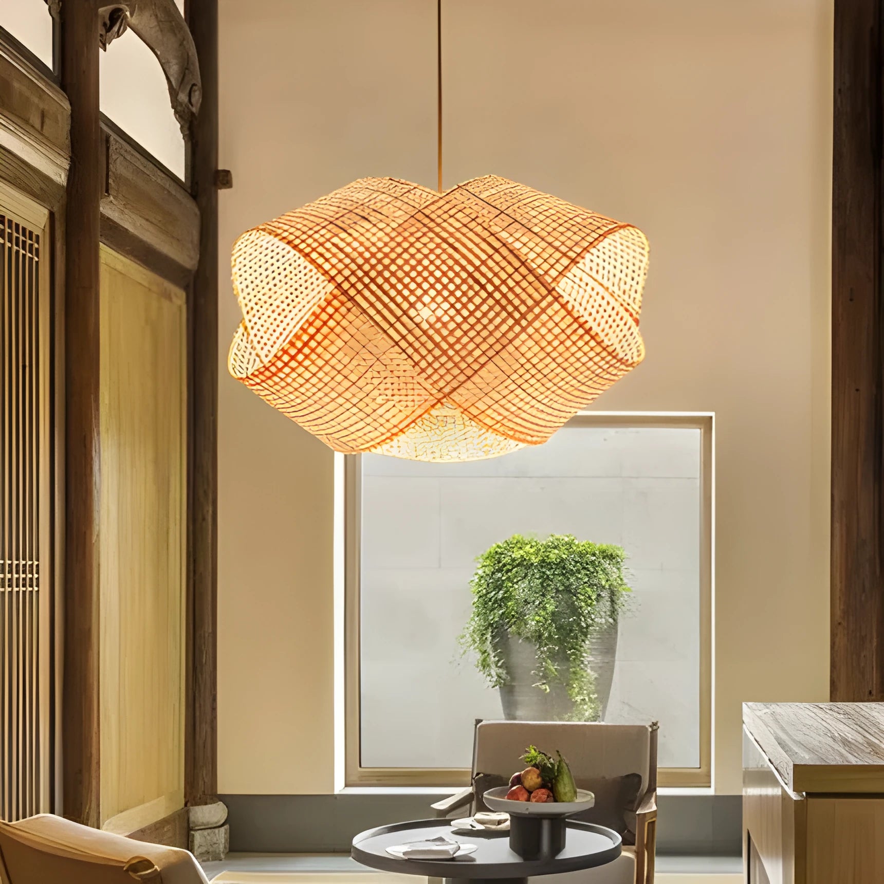 Bamboo woven rattan ceiling lamp with adjustable height mechanism in New Chinese style