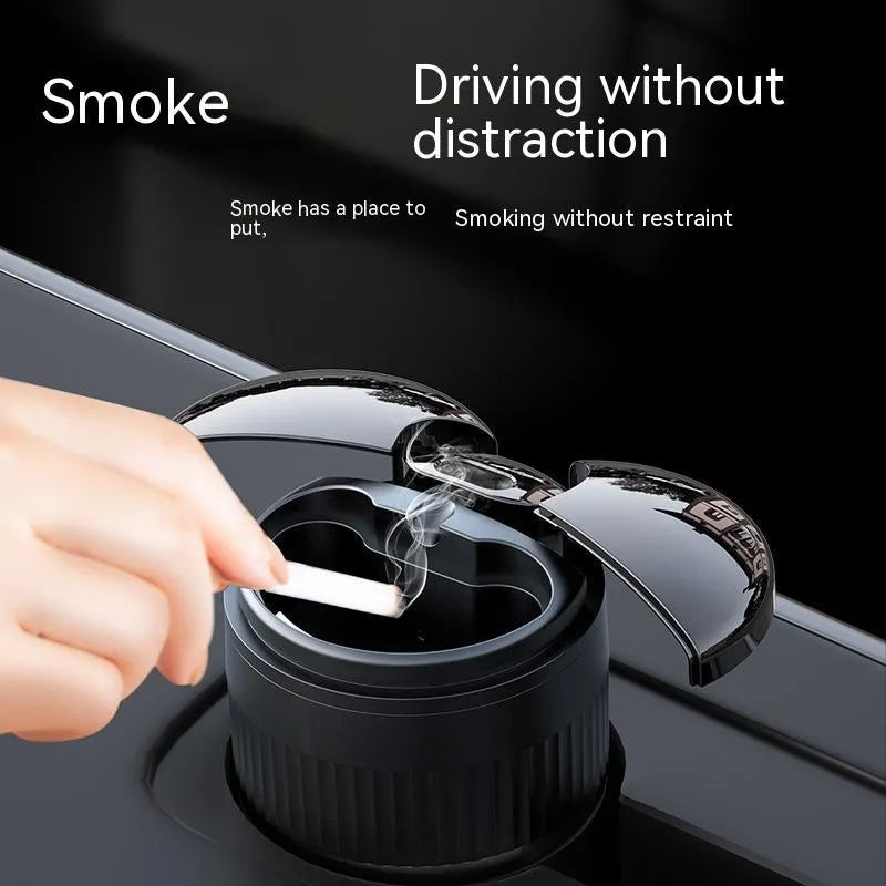 Smart infrared and touch control metal car ashtray with lid in black, measuring 113mm.
